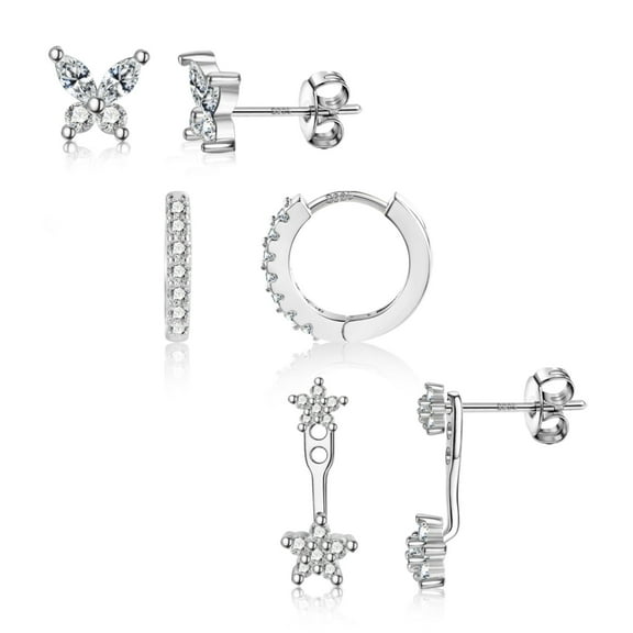 Lancharmed Silver Plated Womens Earrings,Butterfly Single Side Five Petal Flower Zircon Earring Mom Gift