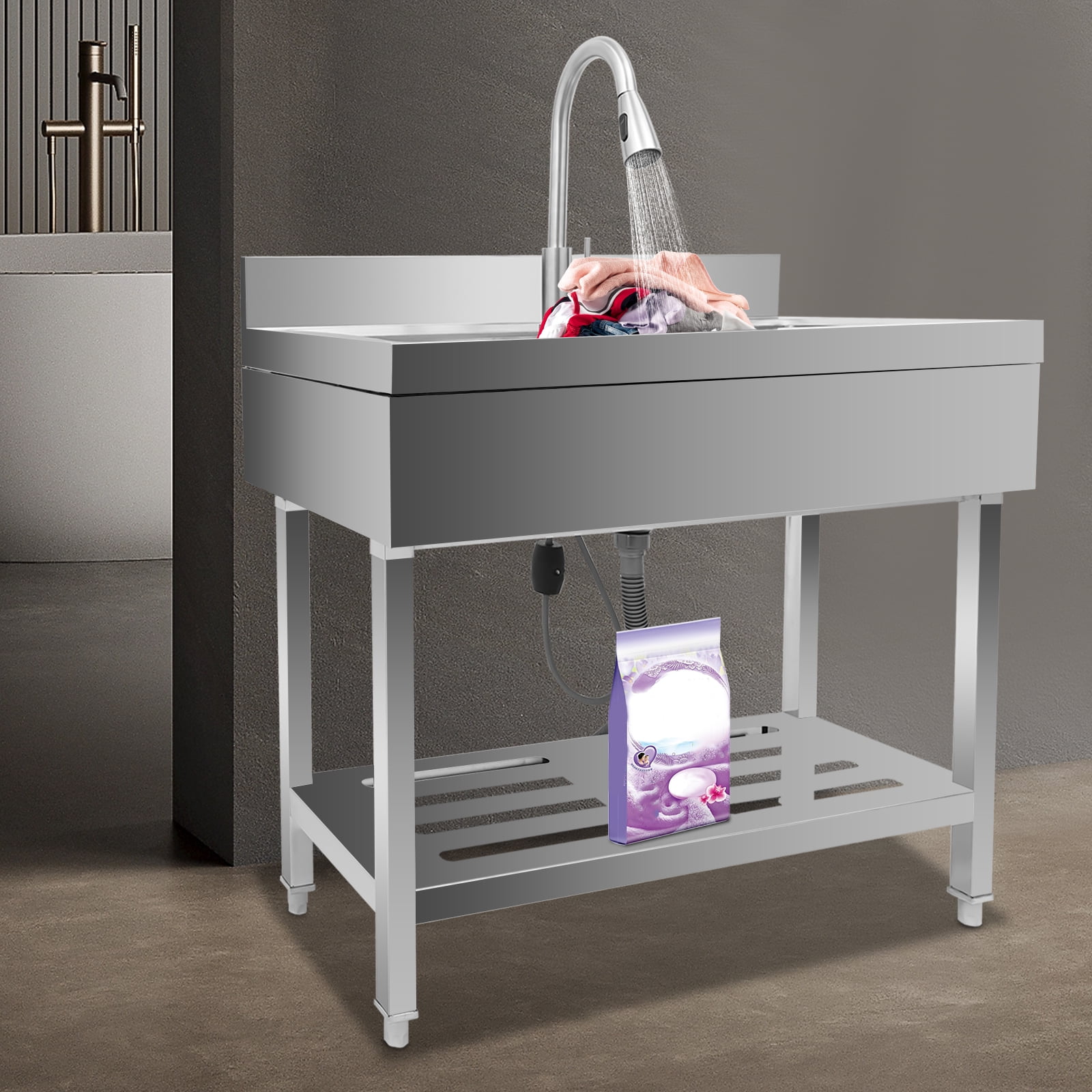 Stainless Steel Utility Sink,Multi-functional ​​Kitchen Sink with Cold and Hot Water Pipe and Faucet, Durable Composite Material,for Laundry Room Kitchen