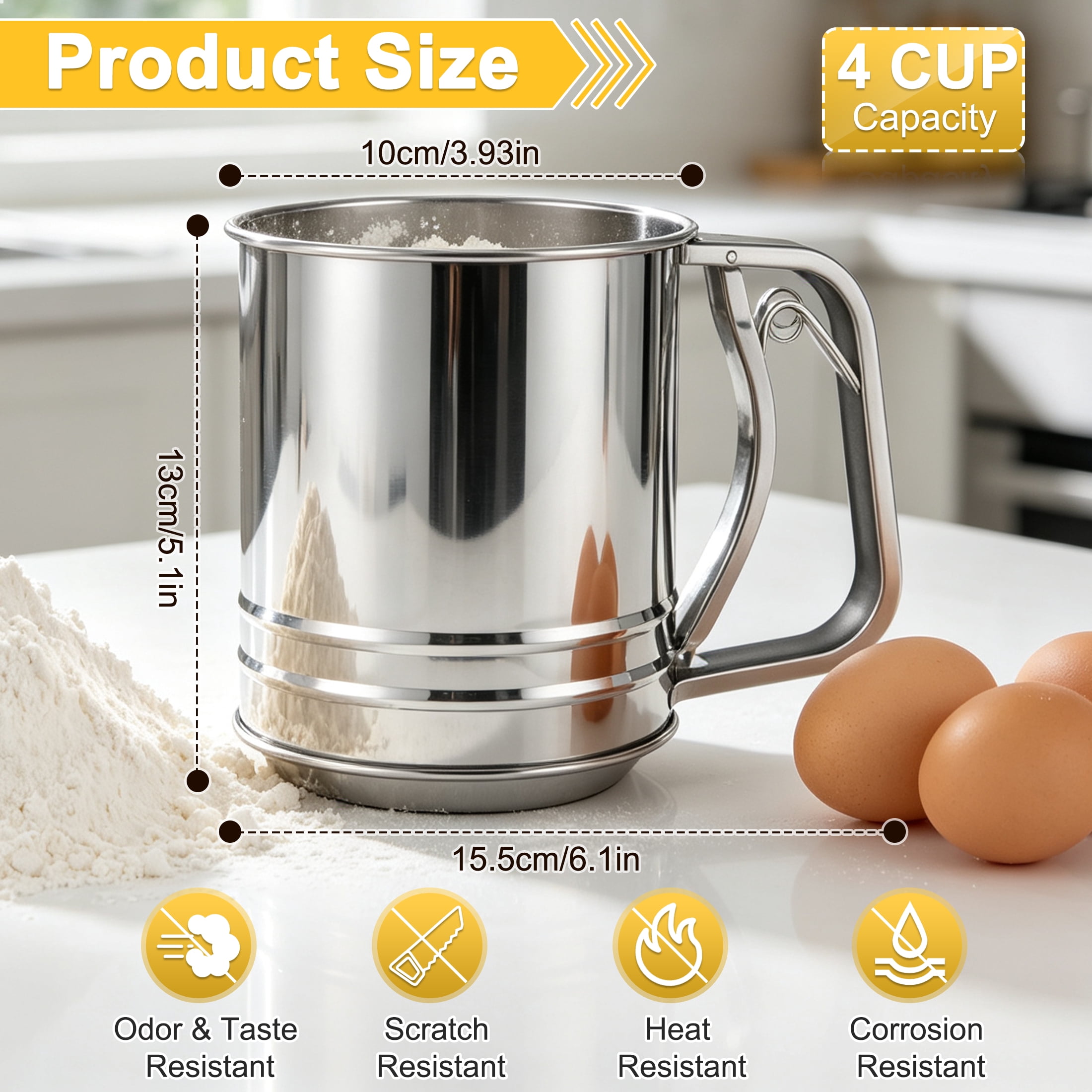 CISILOV 4‑Cup Flour Sifter for Baking, Stainless Steel Hand‑Crank Powder Sifter, One‑Hand Operation Fine Mesh Sieve for Flour, Powdered Sugar, Cocoa, Matcha, Baking Tool
