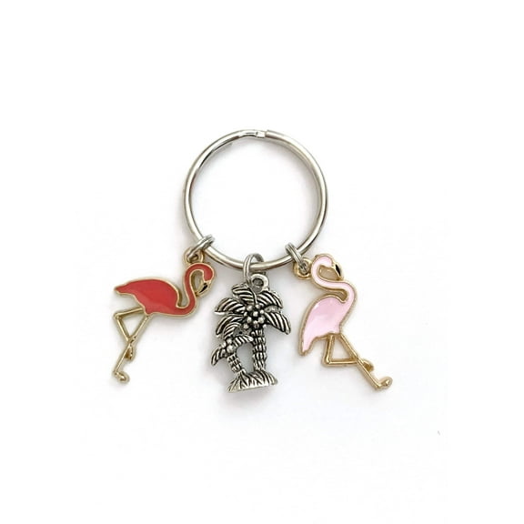 Flamingo themed keychain. Gift for Flamingo Lovers, Bag and Key Identifier. Includes Palm Tree and Two Flamingo Charms.