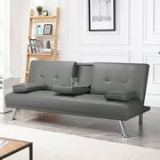 Easyfashion LuxuryGoods Modern Faux Leather Futon with Cupholders and Pillows, Gray