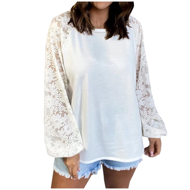 Blusas sueltas de manga larga de encaje con cuello redondo de Color sólido clásico para mujer Pompotops FGAJ4200
