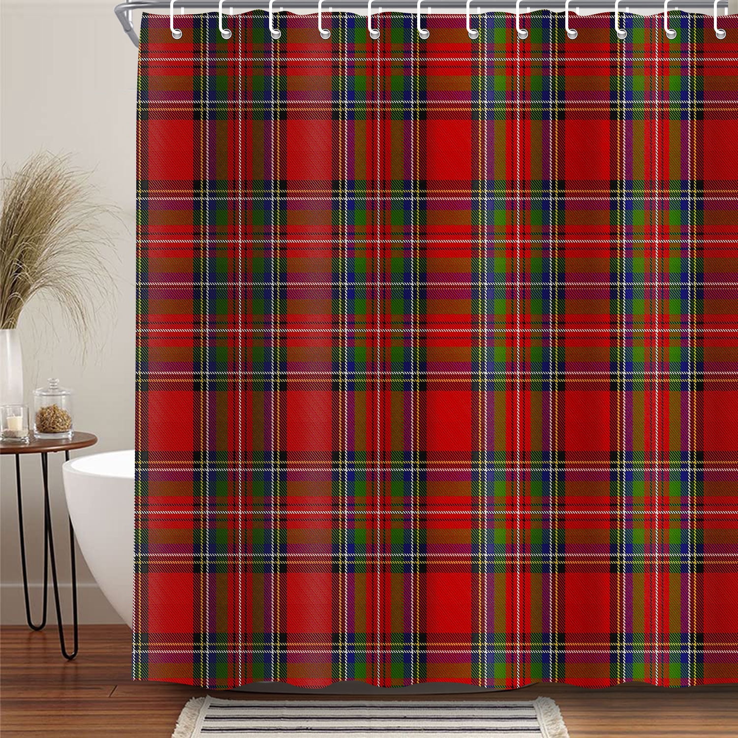 Christmas Red and Green Buffalo Plaid Shower Curtain, Merry Christmas Cloth Fabric Bathroom Decor Set with Hooks, 69" W x 70" L