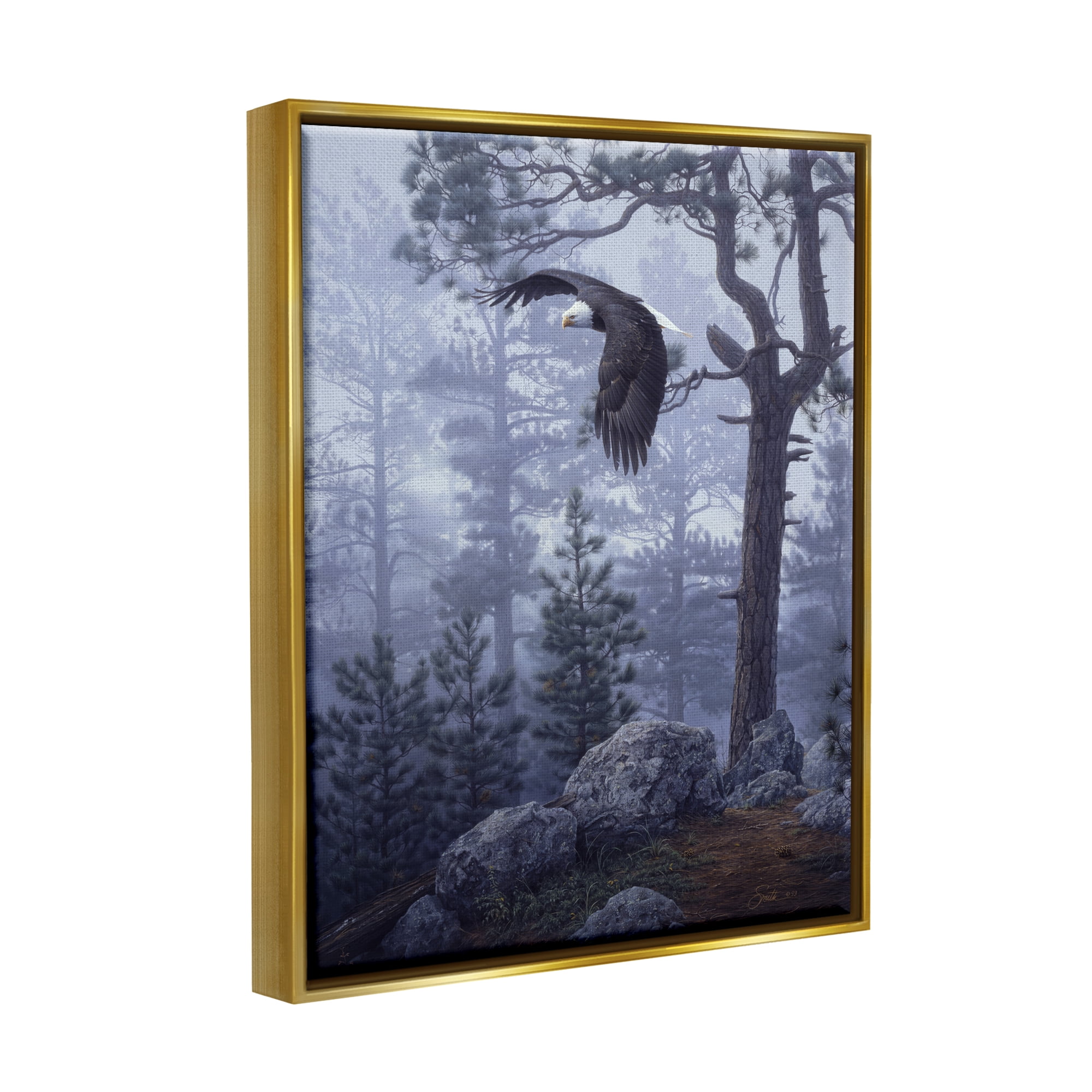 Stupell Industries Eagle Flying Woodland Scene Animals & Insects Photography Gold Floater Framed Art Print Wall Art