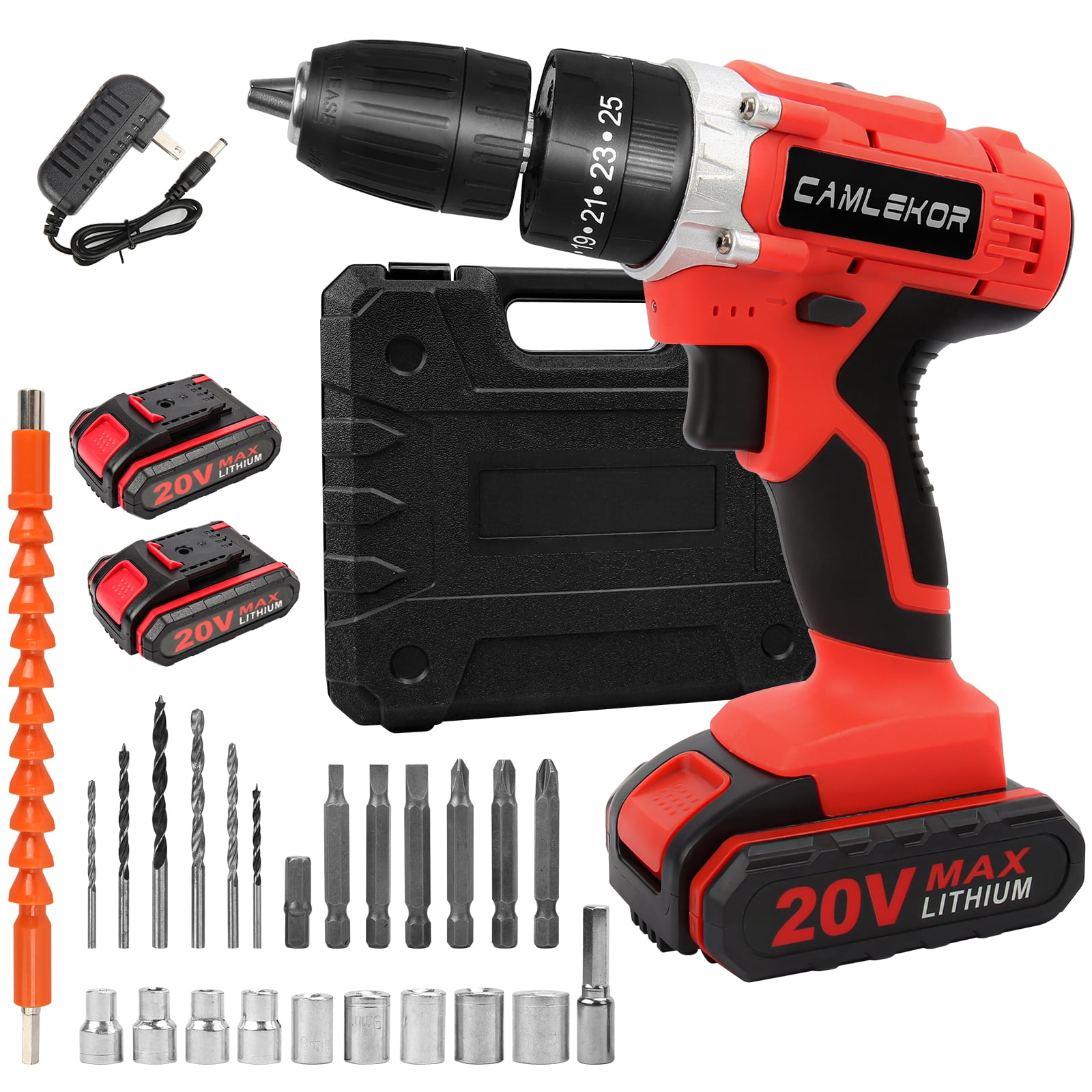 Camlekor Cordless Drill 20V, Electric Power Drill Set 3/8'' Impact Drill, 2 Variable Speeds & 25+3 Position Setting with LED Work Light and 2 Batteries