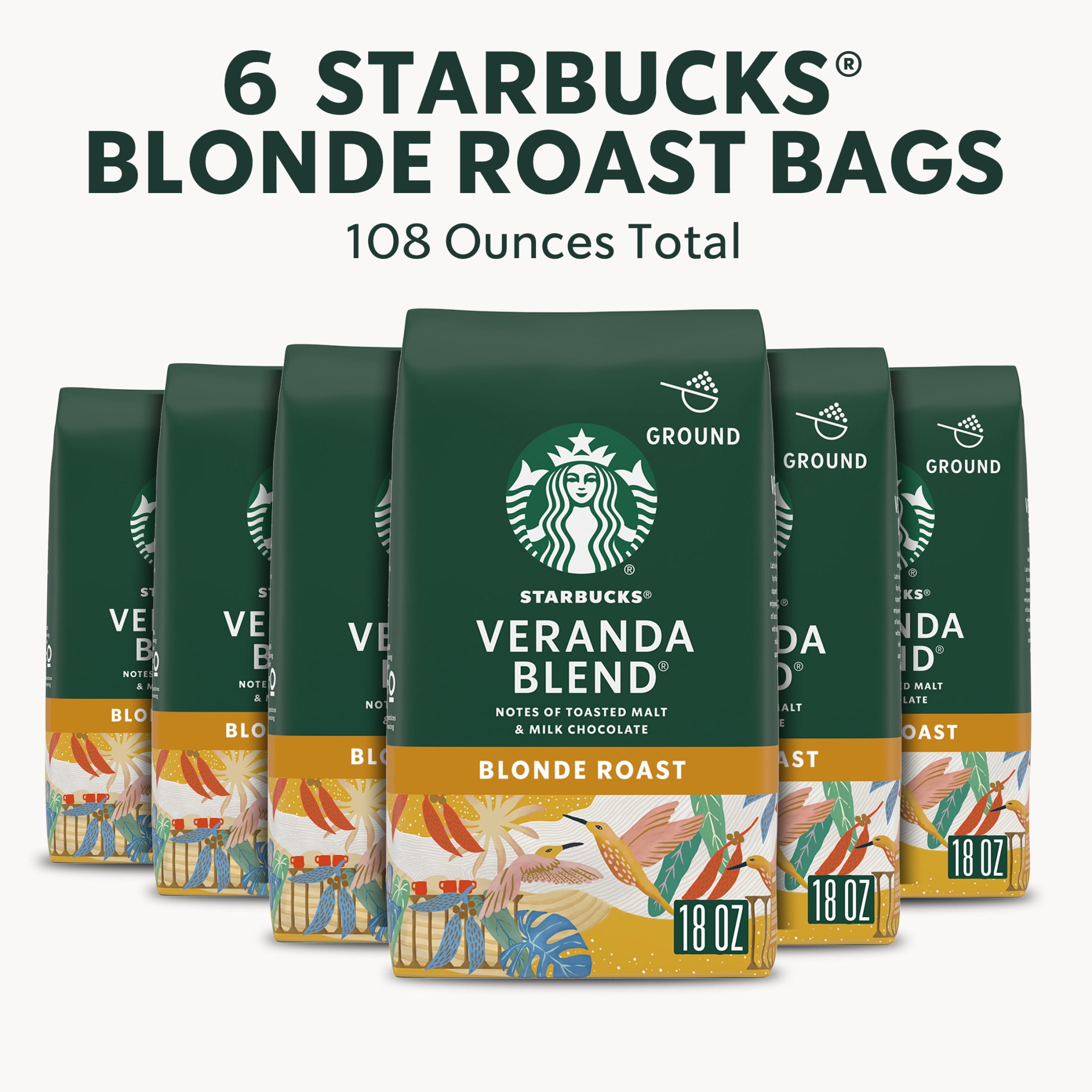 (6 pack) Starbucks Veranda Blend, Ground Coffee, Starbucks Blonde Roast Hot or Iced Coffee, 18 oz