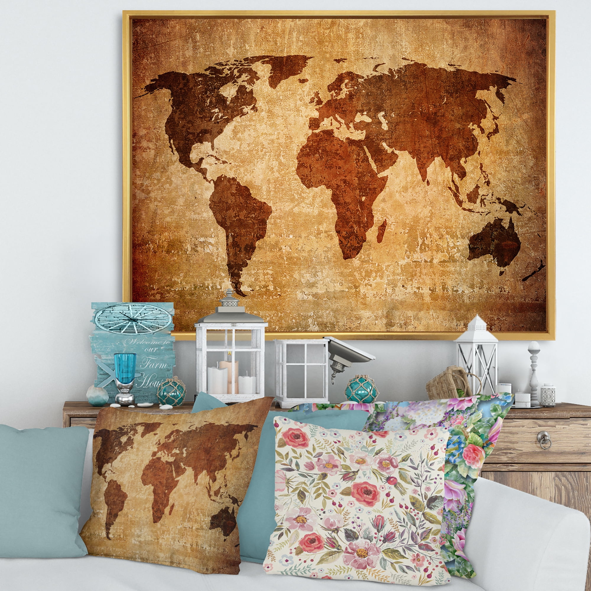Designart 'Ancient World Map XI' Vintage Framed Canvas Wall Art Print