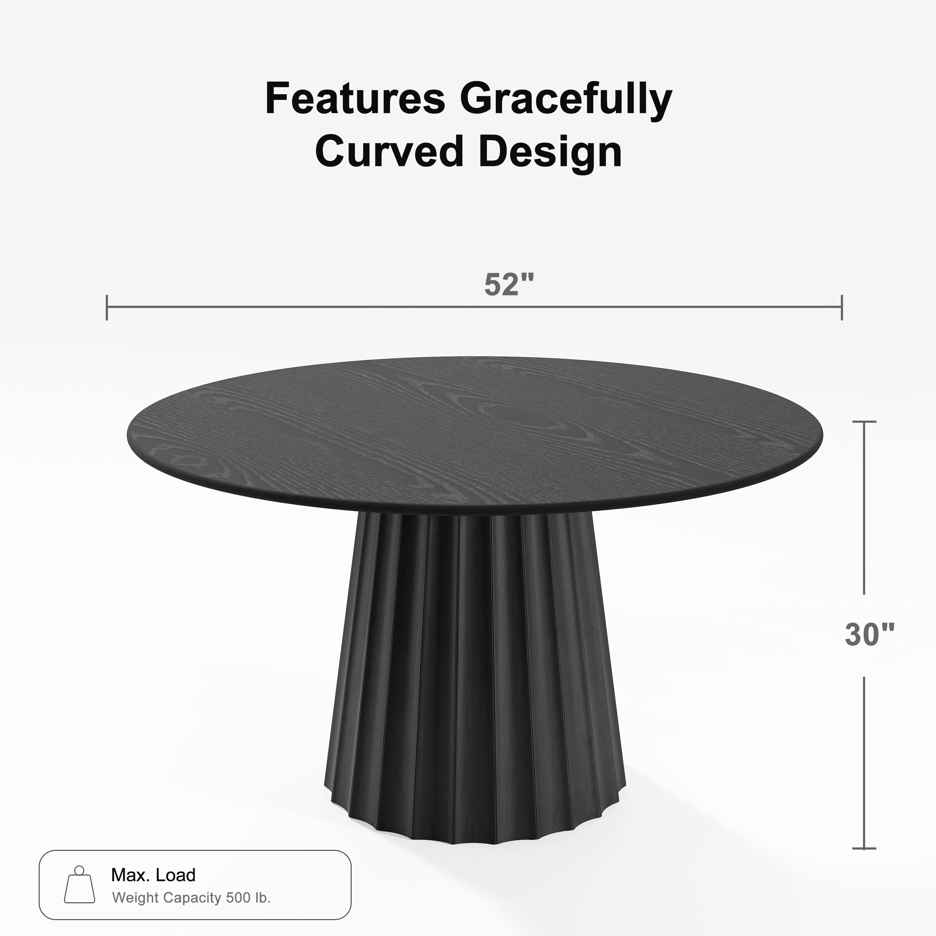 52 in. Soild Wood Black Dining Table Round Kitchen Table
