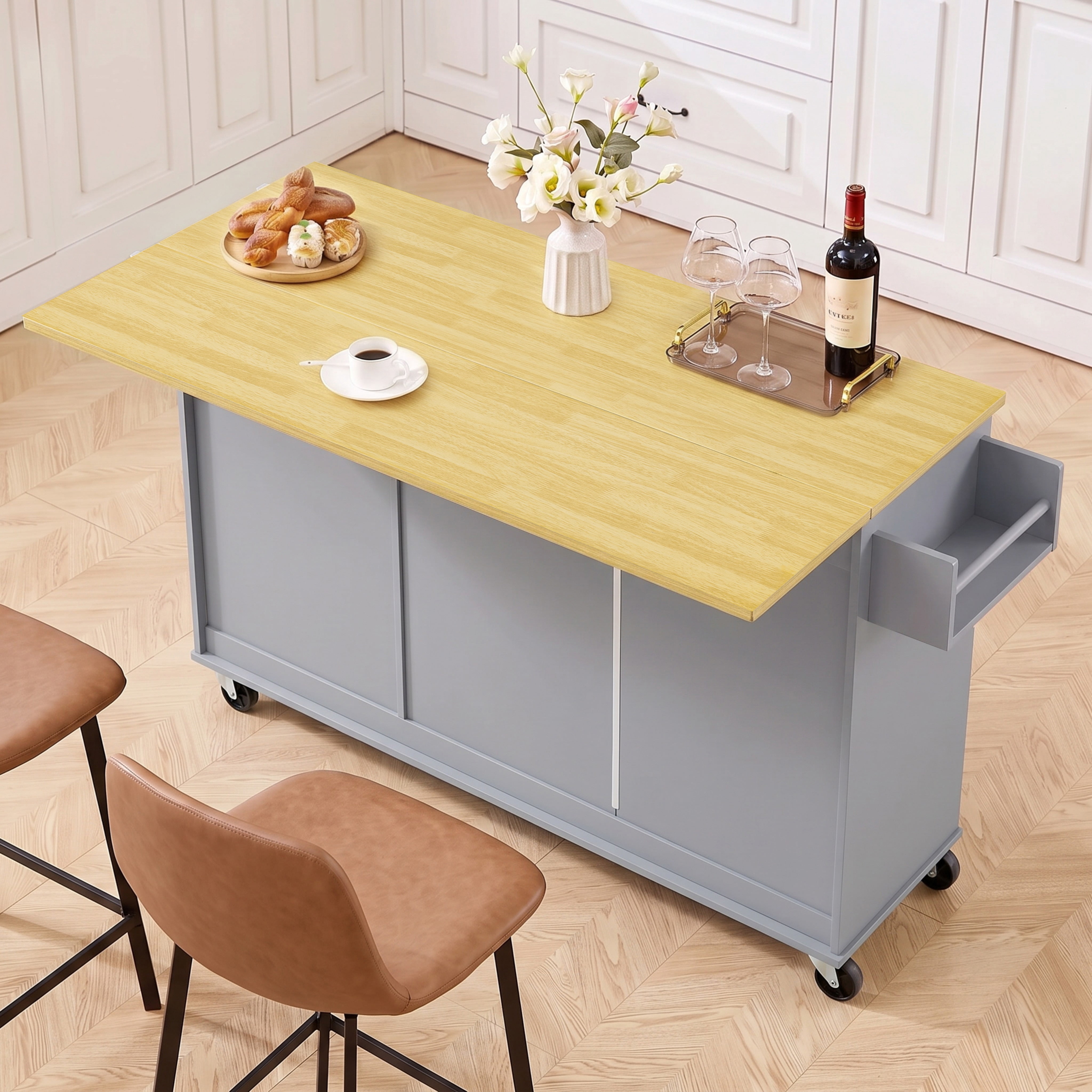 52.7" Kitchen Island with Storage & Drop Leaf, Rolling Kitchen Island Cart on Wheels with 3 Drawers, Adjustable Shelf, Spice & Towel Rack, Island Table for Small Kitchen & Dining Room, Grey Blue