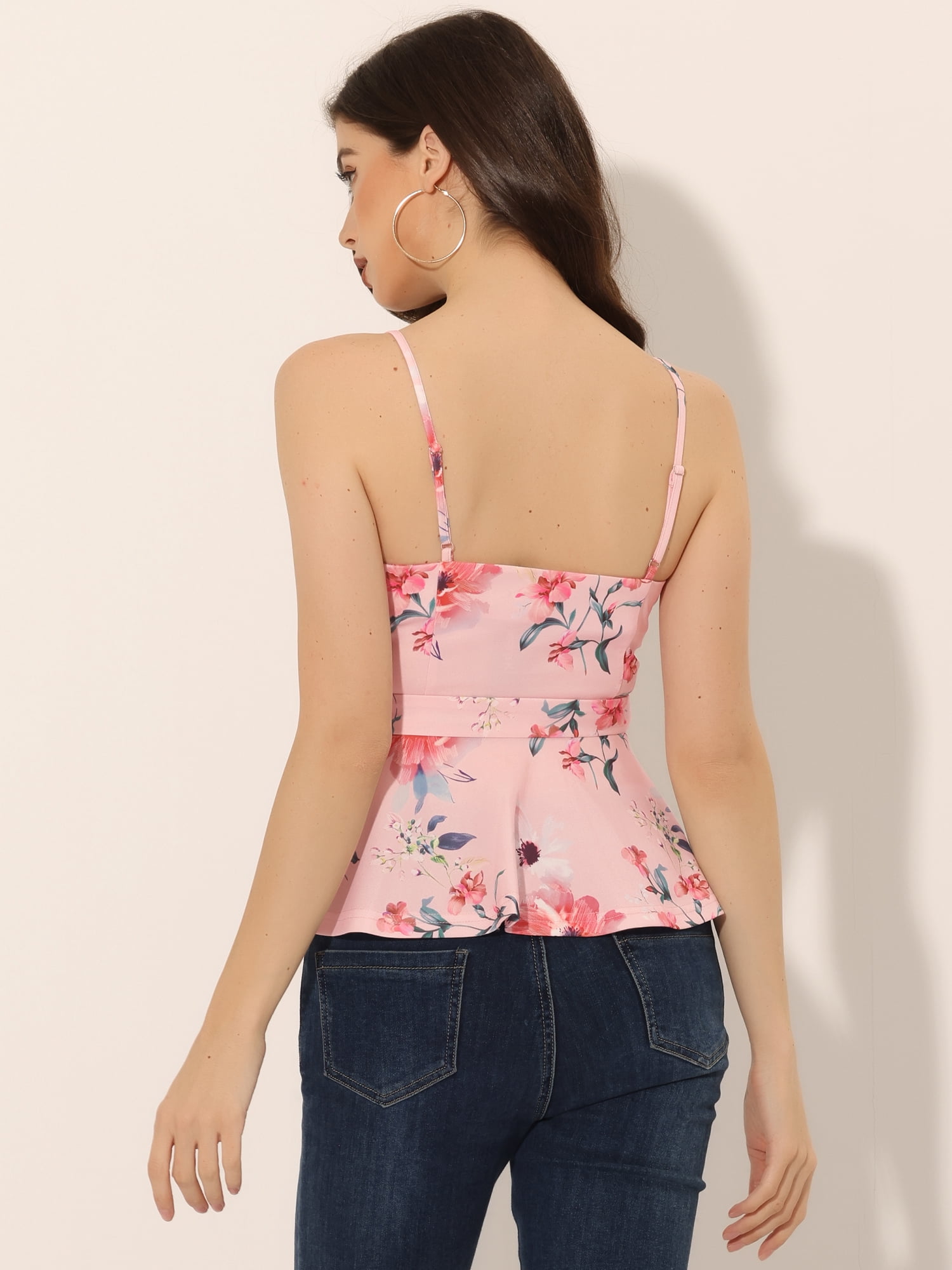 DARING DIVA Women's Floral Cami Tank V Neck Tie Waist Peplum Blouse XL Pink