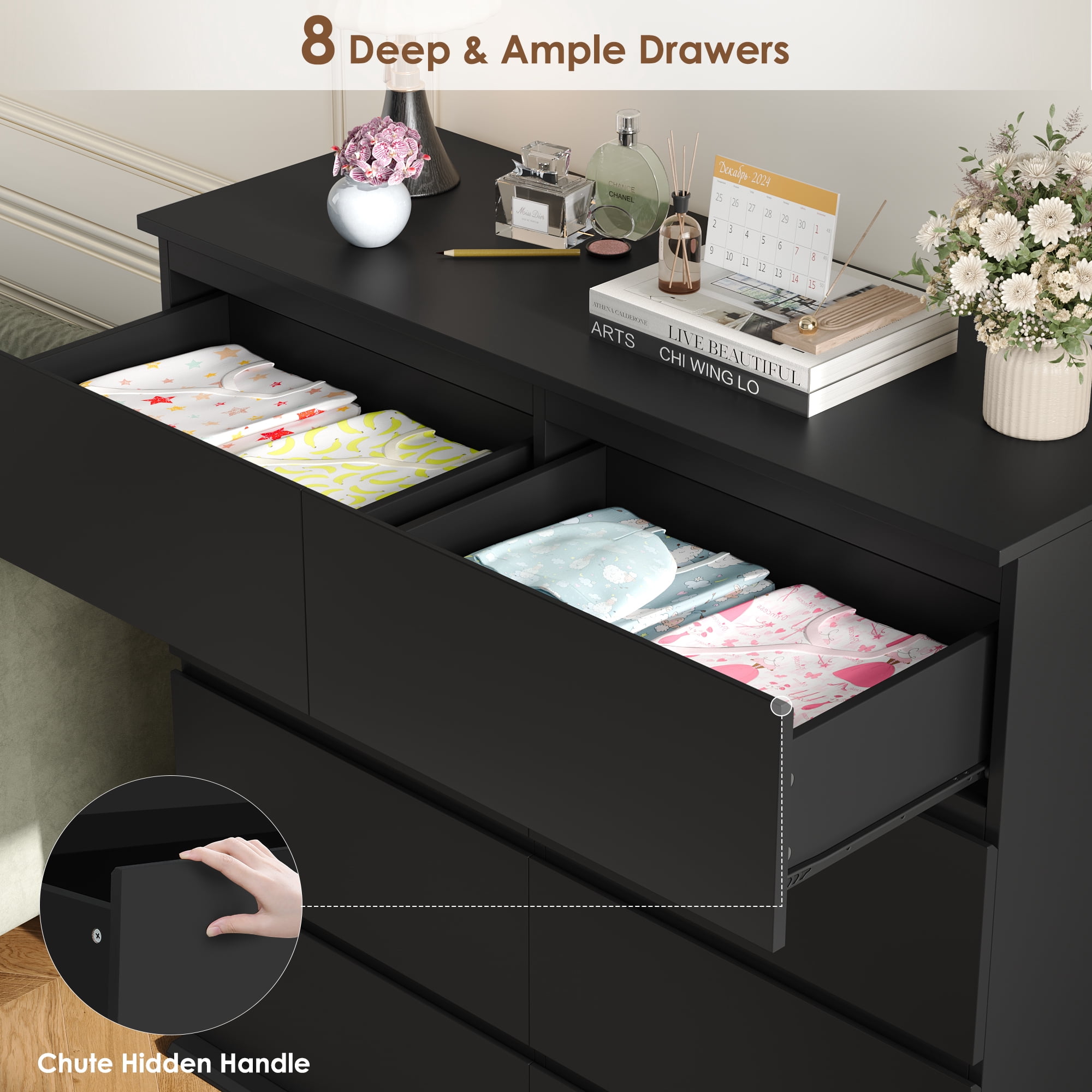 Homfa 8 Drawer Dresser for Bedroom, 41.3" Horizontal Dresser Chest with Easy Pull Bevel Handle, Storage Cabinet for Living Room, Black