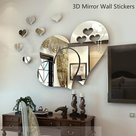Outgeek 3D Heart Mirror Wall Stickers Creative DIY TV Background Sticker Art Acrylic Sticker for Living Room Bedroom Home Decor (Silver)