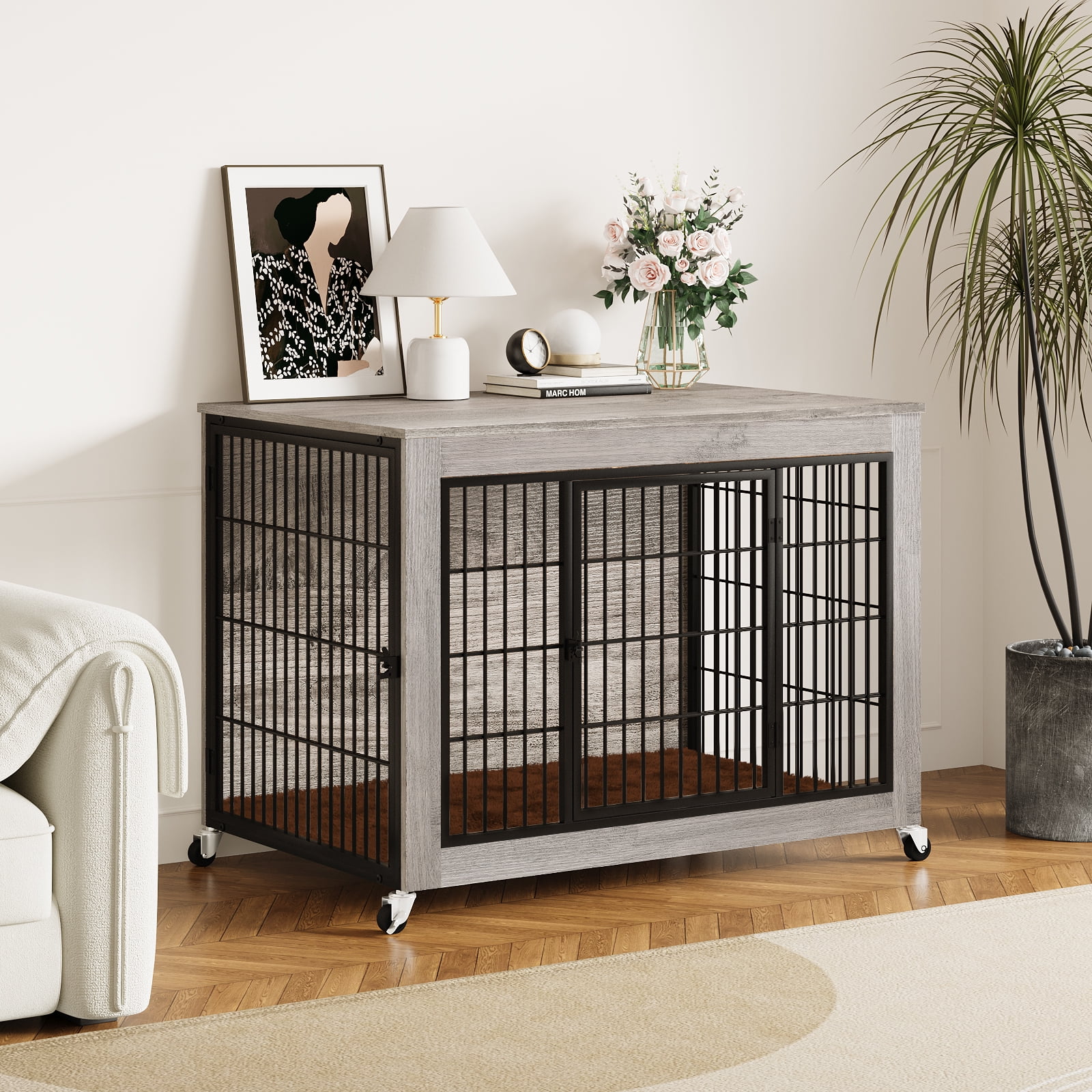 Waleaf Dog Crate Furniture with Cushion, Double Doors Wooden Dog Kennel Indoor with Wheels