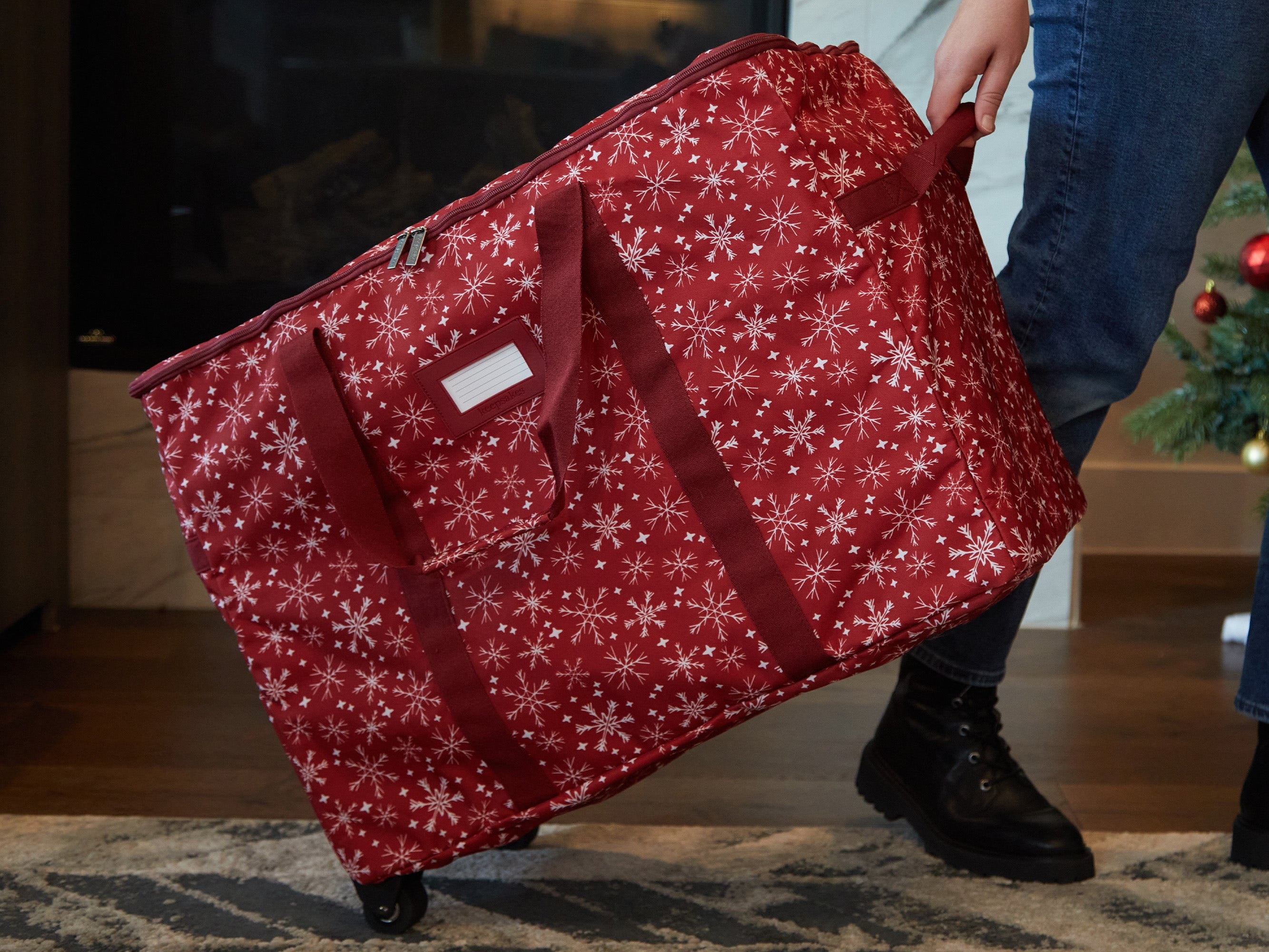 Covermates Keepsakes Rolling Treasurekeeper Storage Bag - Carrying Handles, ID Window, Dual Wheels - Holiday Storage, Red Snowflake