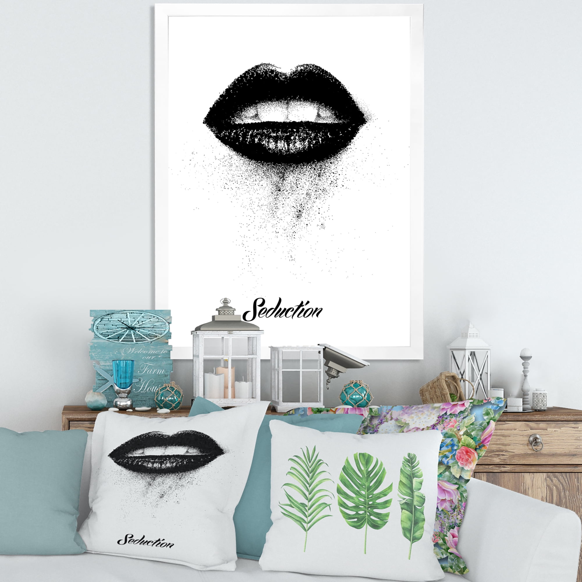 Designart 'Monochrome Black Female Lips' Modern Framed Art Print