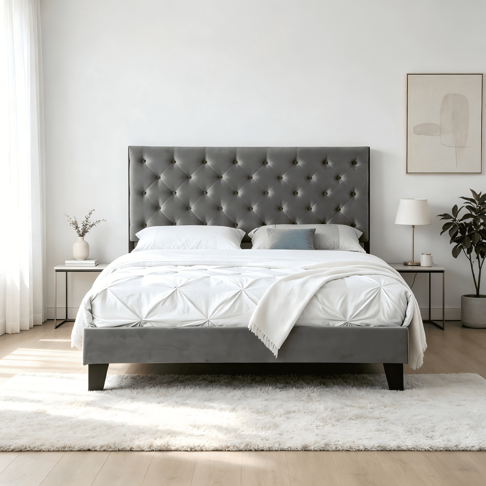 AC Pacific Modern Chic Polyester Gray Tufted Eastern King Platform Bed
