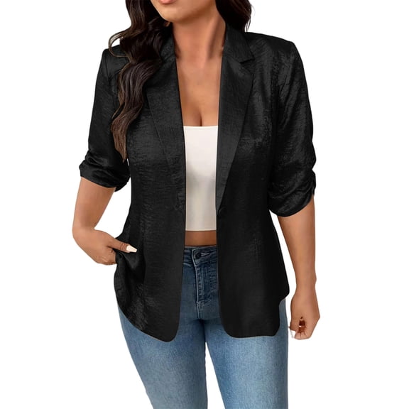 Xdegoge Women's Casual Open Front Blazer Jackets Ruched 3/4 Sleeve Lapel Work Office Cardigan Lightweight Shiny Metallic Coat for Party Club Night Out Wear