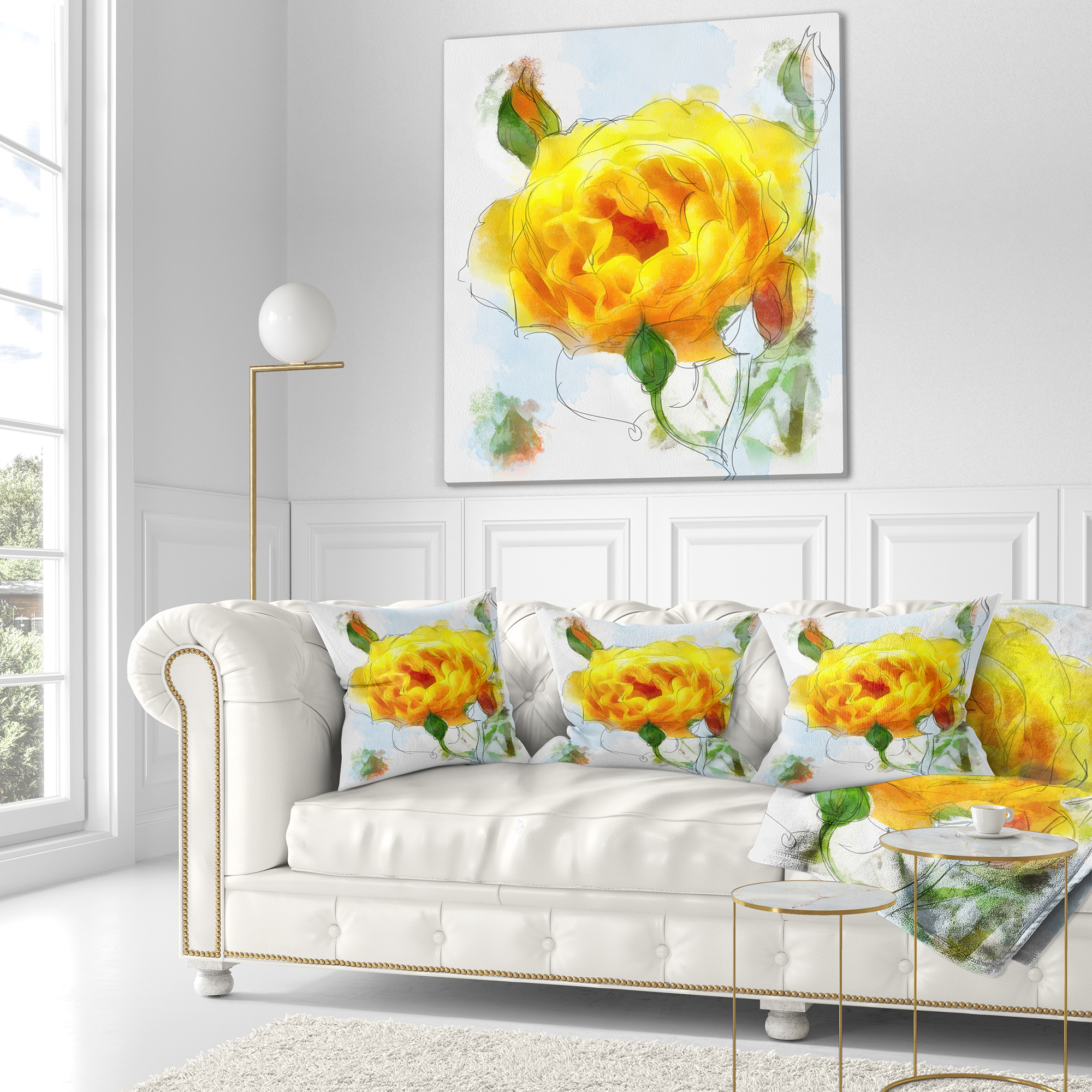 Designart Yellow Rose with Rose Buds Sketch - Floral Throw Pillow - 16x16