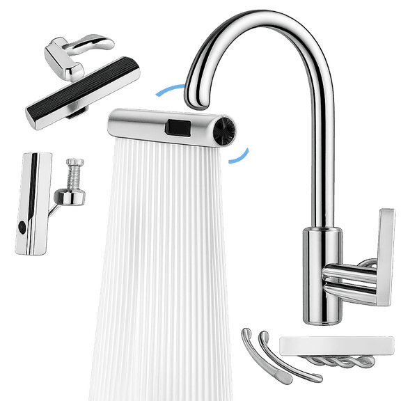 Kitchen Faucets, Waterfall Kitchen Sink Faucet with Pull Down Sprayer, 3-Mode Sprayer Stainless Steel, 360° Rotatable Single Handle Faucet w/ Deck Plate&Water Pipes for Bar/Laundry/RV