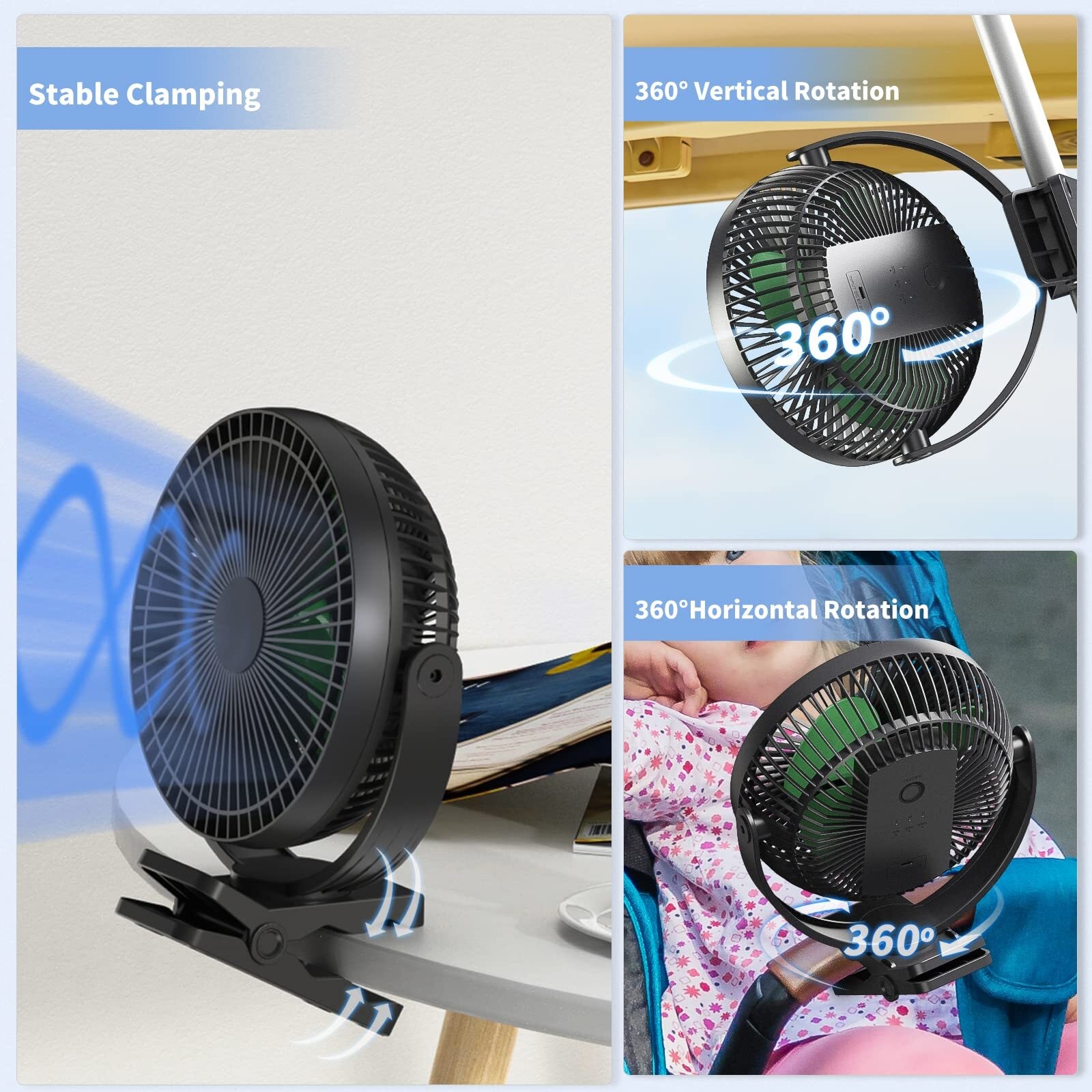 Clip Fan, 8 Inch Mini Quiet Desk Fan, 10000mAh USB Rechargeable Battery Operated Clip on Fan, USB Desk Fan, Portable Personal Small Fan For Desk, Office,Golf Cart