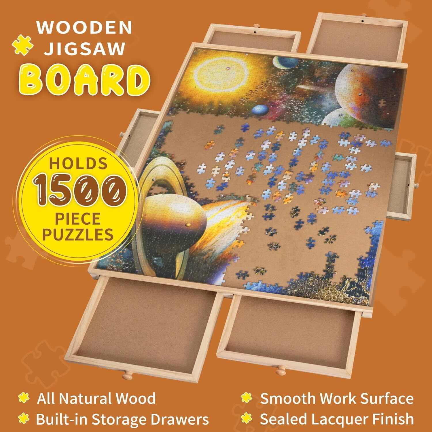 Jigitz 1500 Piece Wooden Jigsaw Puzzle Board - 26x34 Inch Puzzle Table With 4 Drawers