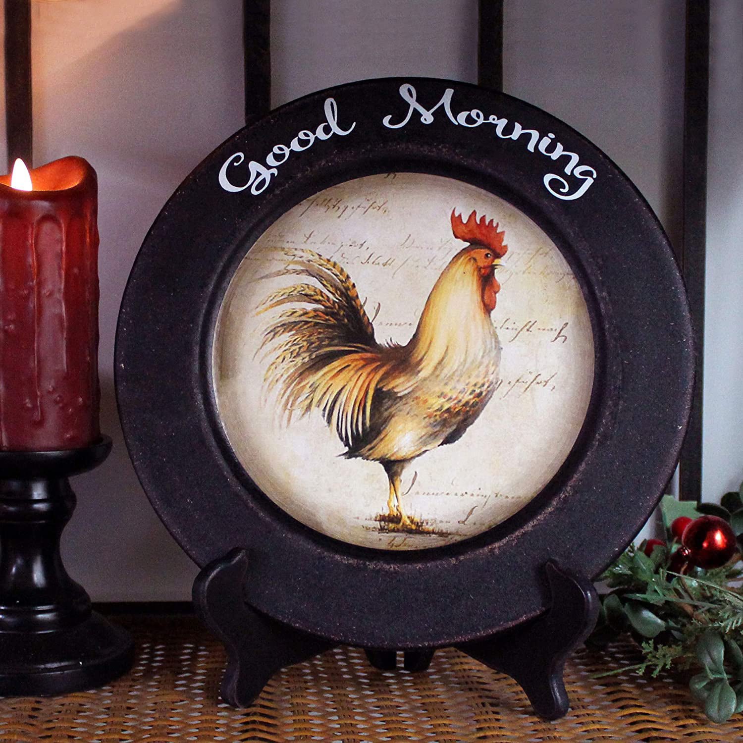Country Distressed Round Rooster Decor Plate Home Tabletop Display Wooden Plate 