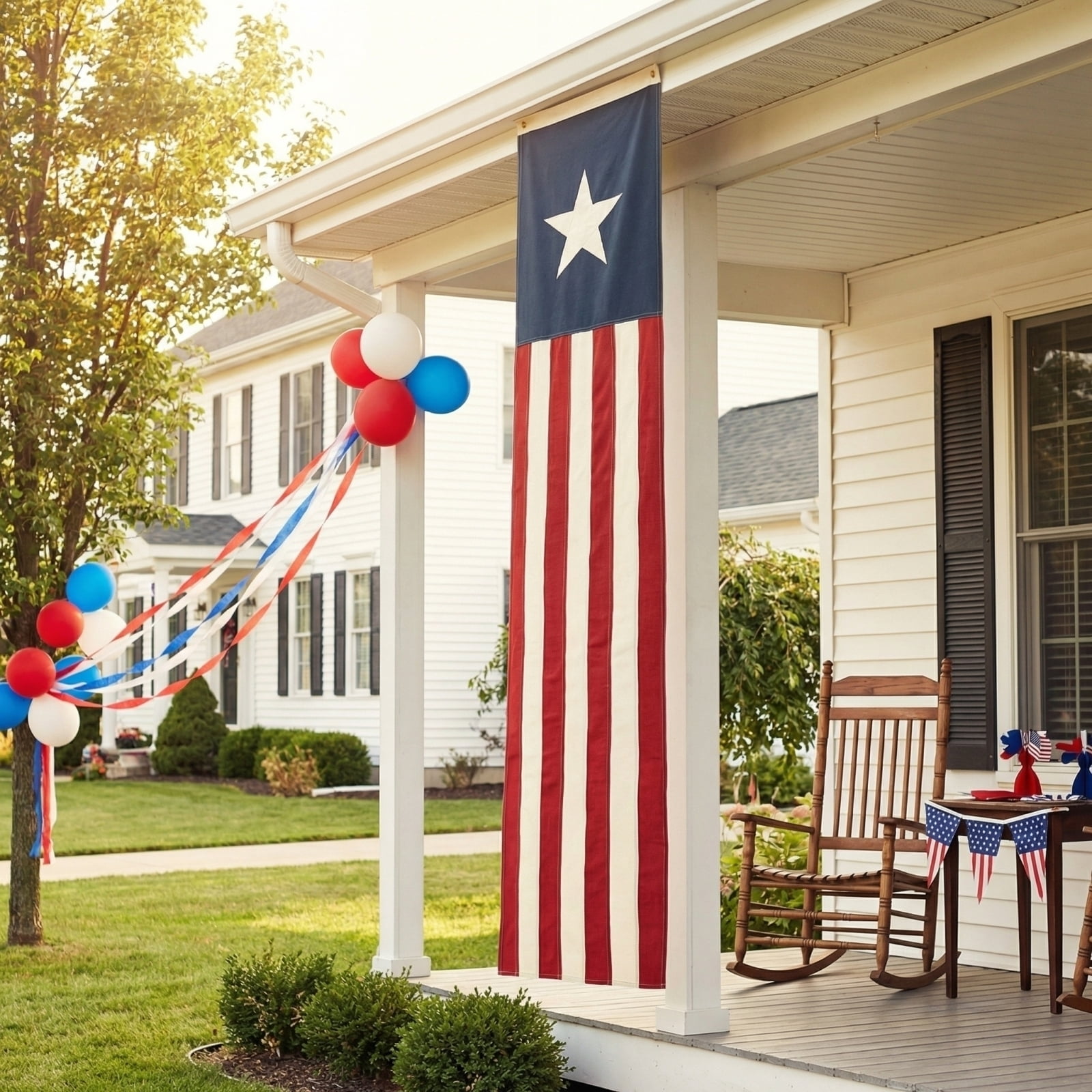 Heritage American Flag Banner – 2PCS Vintage Pleated Fan Bunting & Vertical Star Pull Flag – Heavy Duty Canvas Patriotic Decor for Porch, Deck & Home – JEWLALO