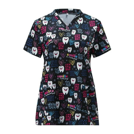 

Women Scrub Tops Short Sleeve V Neck Working Uniform Blouse Loose Casual Tshirts