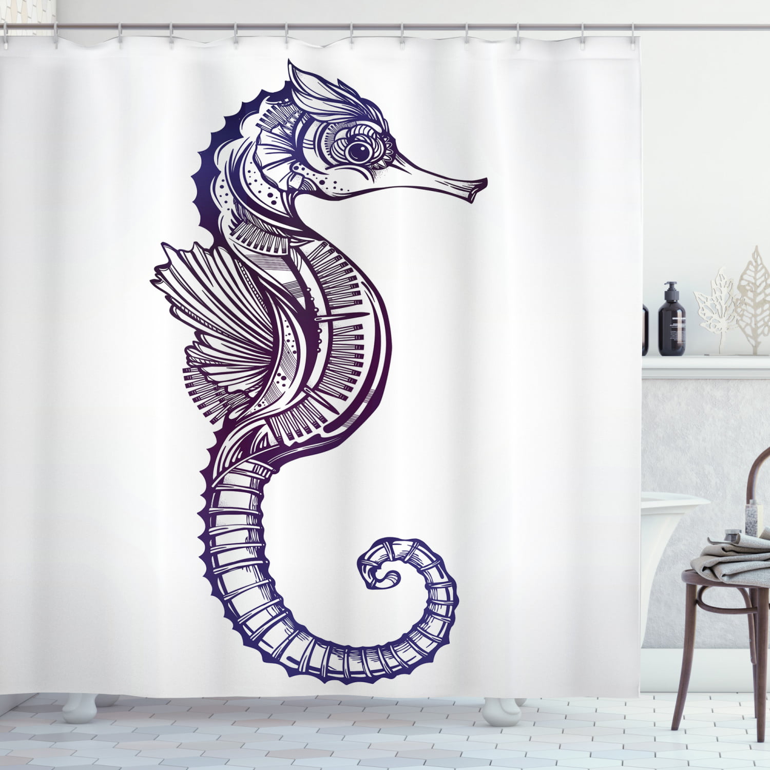 Seahorse Shower Curtain Ocean Animal Fabric Bathroom Decor with Hooks 72x72 in 