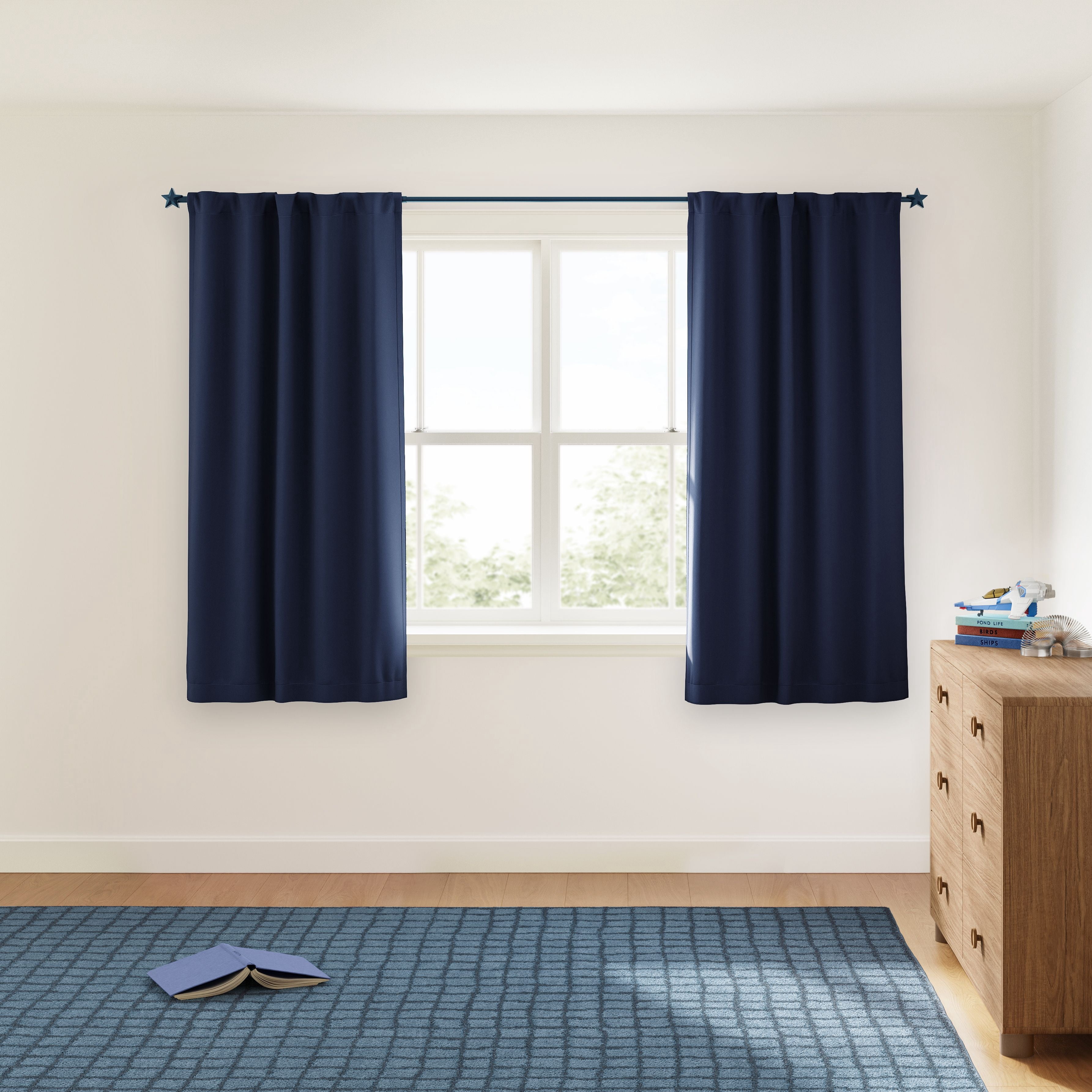Mainstays Kids Navy Blue Solid Blackout Rod Pocket with Back Tabs Curtain Panel Pair, Set of 2, 30 in x 63 in