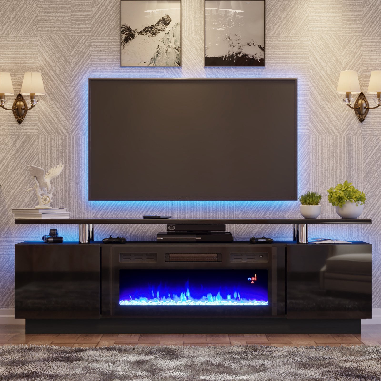 AMERLIFE Fireplace TV Stand with 36 Fireplace, 70 Modern High Gloss  Entertainment Center LED Lights, 2 Tier TV Console Cabinet for TVs Up to  80, Cement Grey - Walmart.com