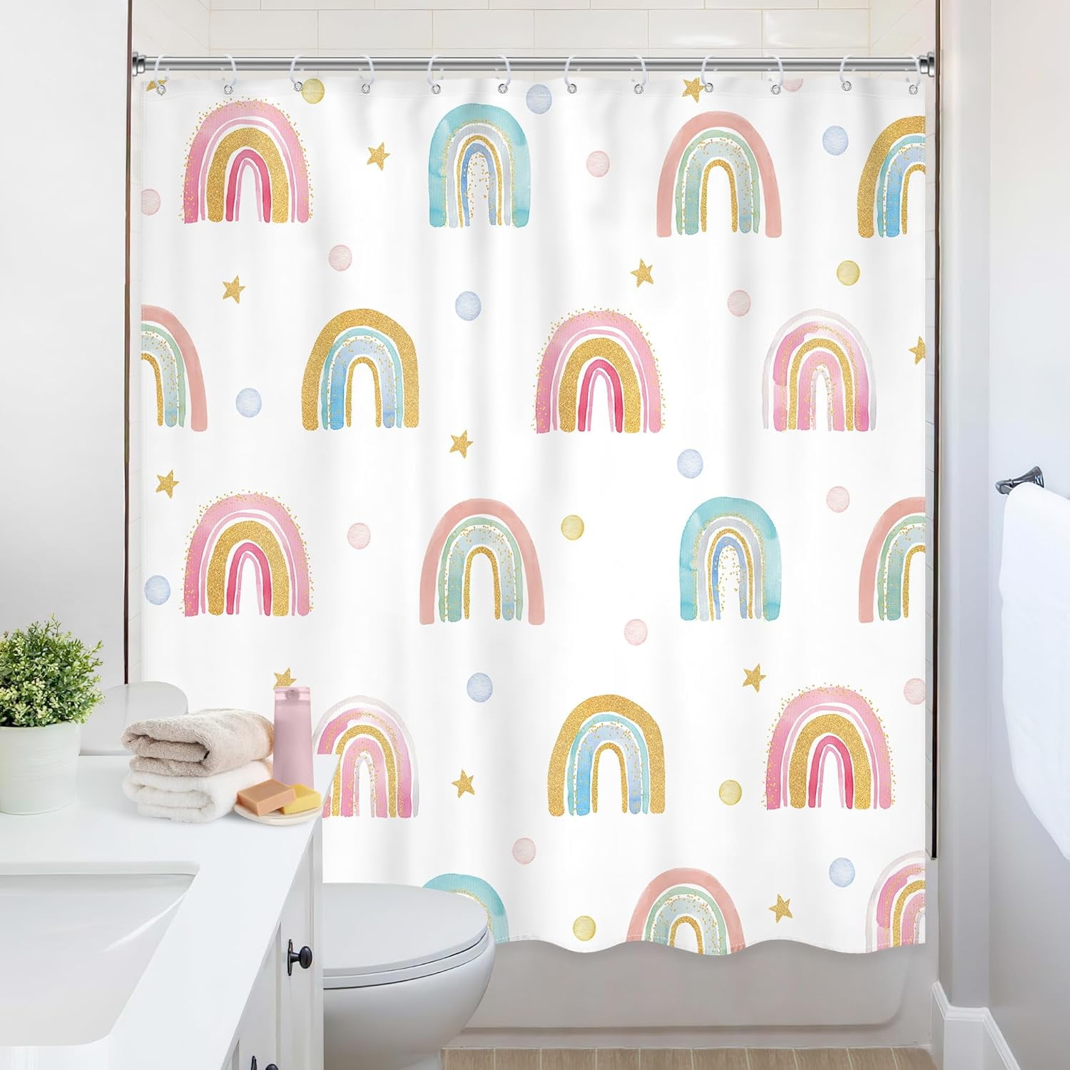 Boho Rainbow Shower Curtain 72Wx72L Inch Kids Girls Pink Cartoon Cute Watercolor Polka Dot Lovely Children Shower Curtain Bathroom Set Girl Toddler Bath Curtain Bathtub Accessories Home Decor
