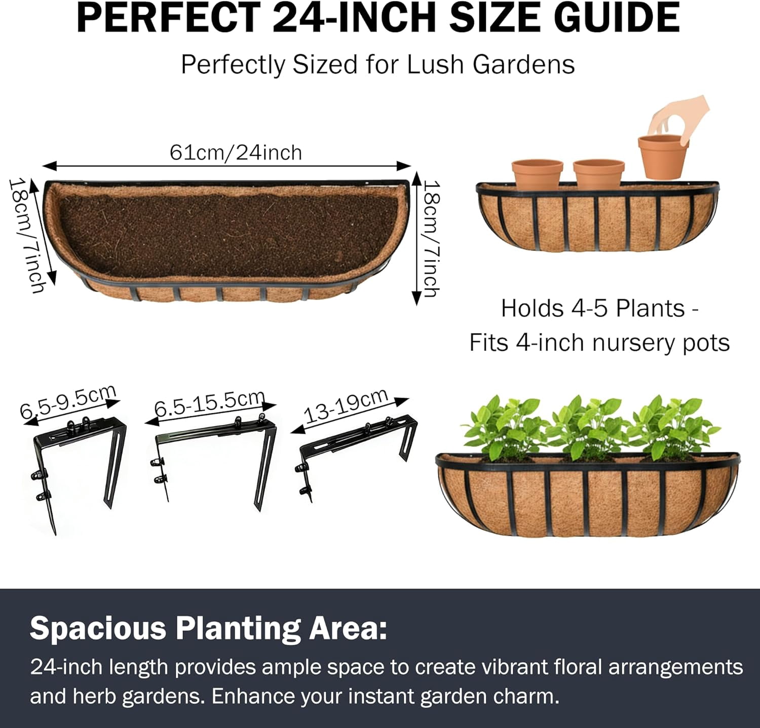 24“ Window Box Railing Planter with Coco Liner Metal Wall-Mounted Coconut Liner Planter Basket English Horse Trough Planters for Outdoor Deck Balcony Porch Fence Patio Black (4 Pack)