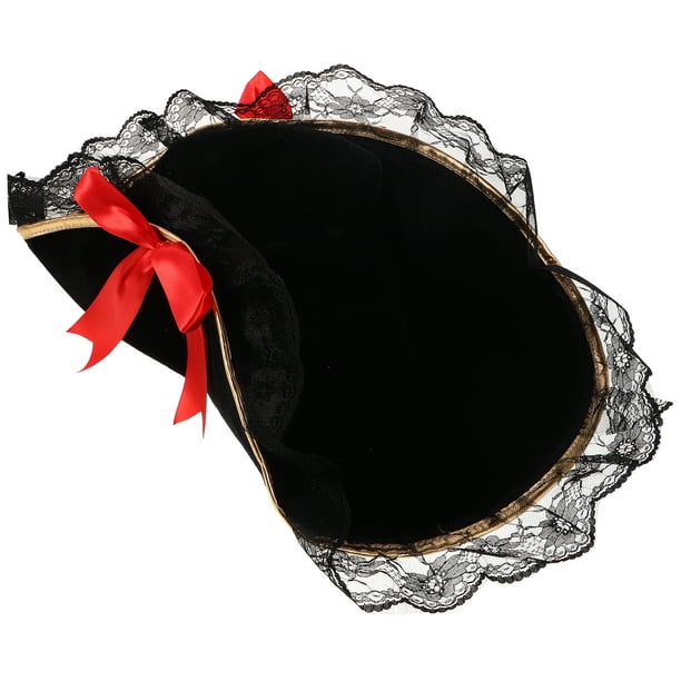 ColoMX Sombrero pirata, tricornio, gorra de bucanero con ribete de encaje y lazo rojo para mujer adulta, disfraz de fiesta de Halloween, accesorio