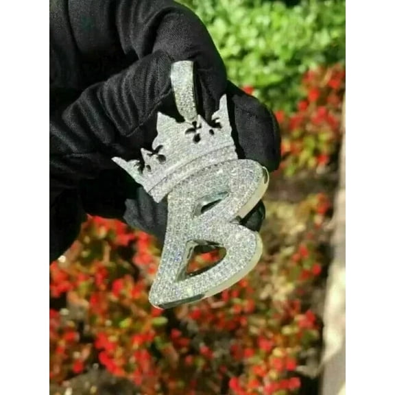 Unqiue 2Ct Round Real Moissanite Initial B Crown Letter Pendant 14K White Gold Plated Silver