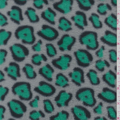 Grey/Green Cheetah Polyester Fleece, Fabric By the Yard