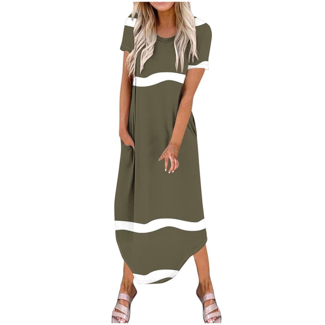 Annhoo Robe Maxi d'Été pour Femmes Rayée Imprimée Ourlet Irrégulier Manches Courtes Col Rond Robe Décontractée Tendance avec Poche
