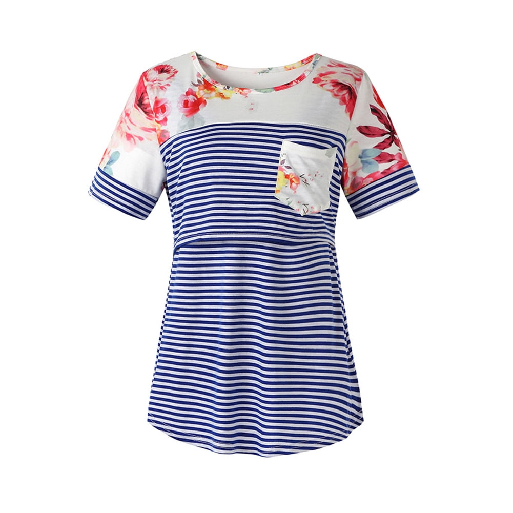 Women Pregnancy Summer Short Sleeve Stripe Tops T Shirt Nusring Maternity Blouse 