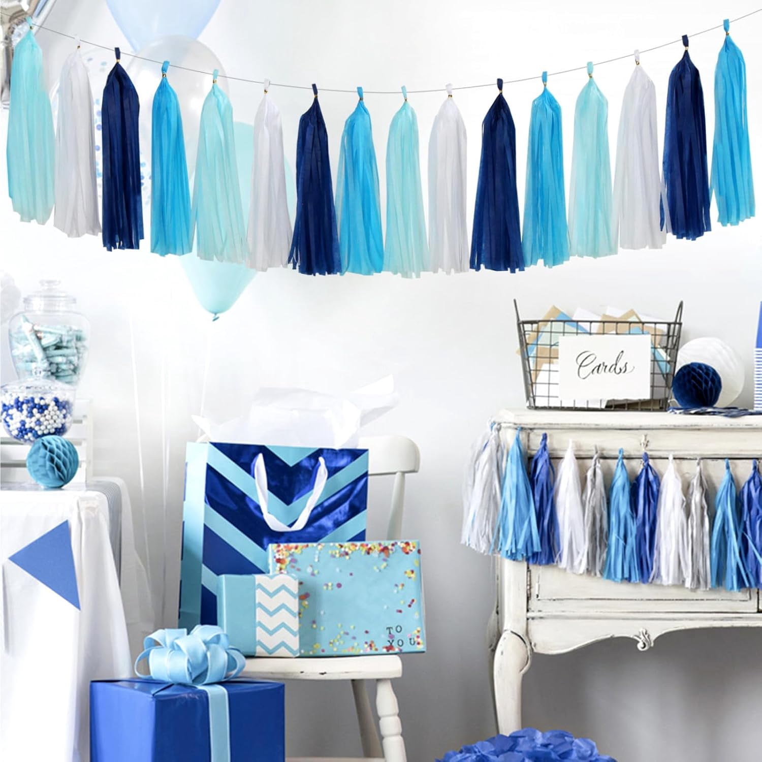 NestE Light Royal Navy-Blue White Party-Decorations - 33pcs Kits Banner, Streamers Tassel Garland,Tissue Pom Poms Honeycomb, Paper Lantern Fans,Birthday Bachelorette Bridal Wedding Baby Shower Decor