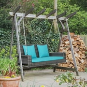 Gymax Fashion 2-Person Patio Hanging Porch Swing Rattan 800LBS Swing Bench w/ Turquoise Cushions