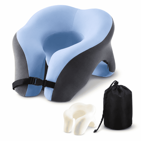 SEISSO Travel Neck Pillow, Memory Foam Airplane Pillow and Nap Pillow with Removable Washable Cover, Portable Neck Support Pillow with Storage Bag for Flights, Car and Office, Blue