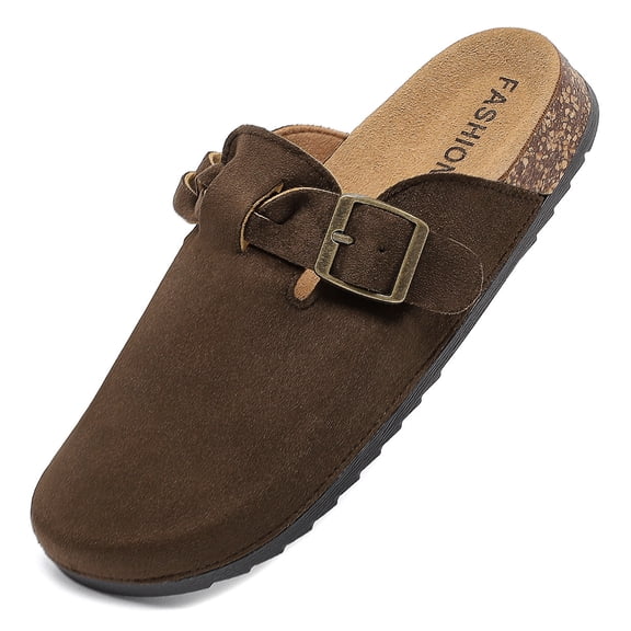 HSBDNZQ Women's Suede Clogs Mens Leather Mules Comfort Cork Footbed Antislip House Sandals Arch Support Potato Shoes with Adjustable Buckle