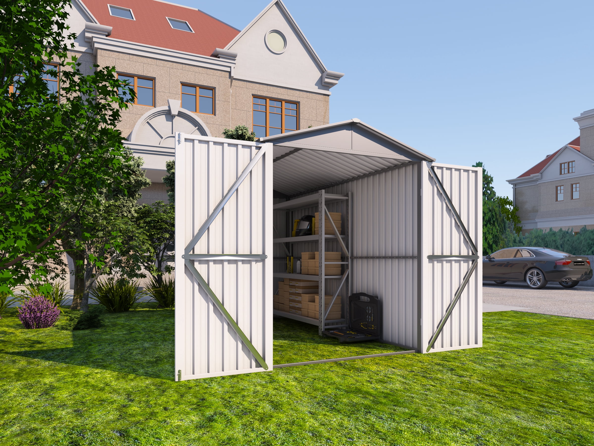 Mintazer 10×6ft Outdoor Motorcycle Storage Shed with Window, Large Garden Tool Storage Building for Backyard Lawn Patio, Light Gray