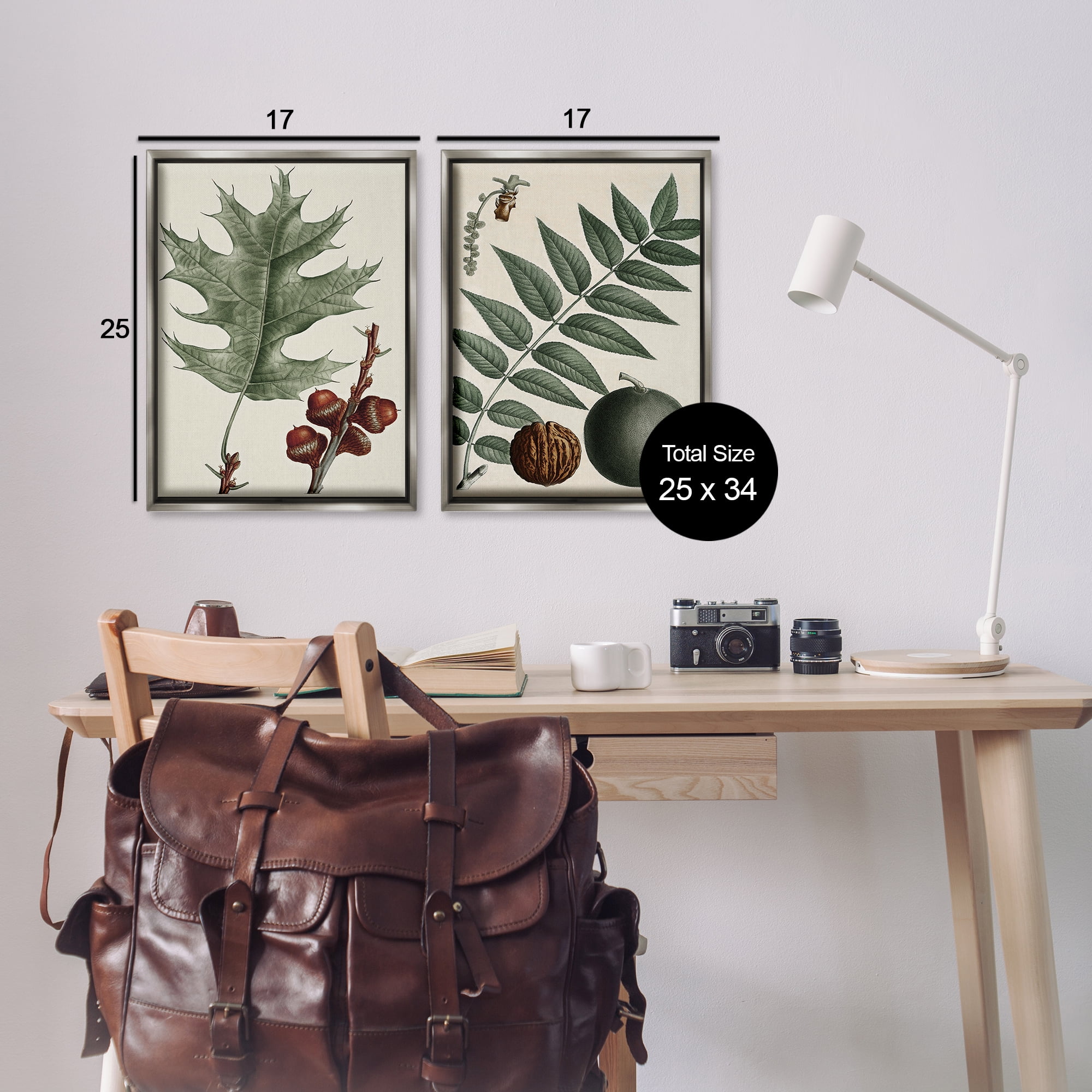 Stupell Industries Tree Leaves & Nuts Plants & Flowers Painting Gray Floater Framed Canvas Art Print Wall Art, 17 x 25, Set of 2