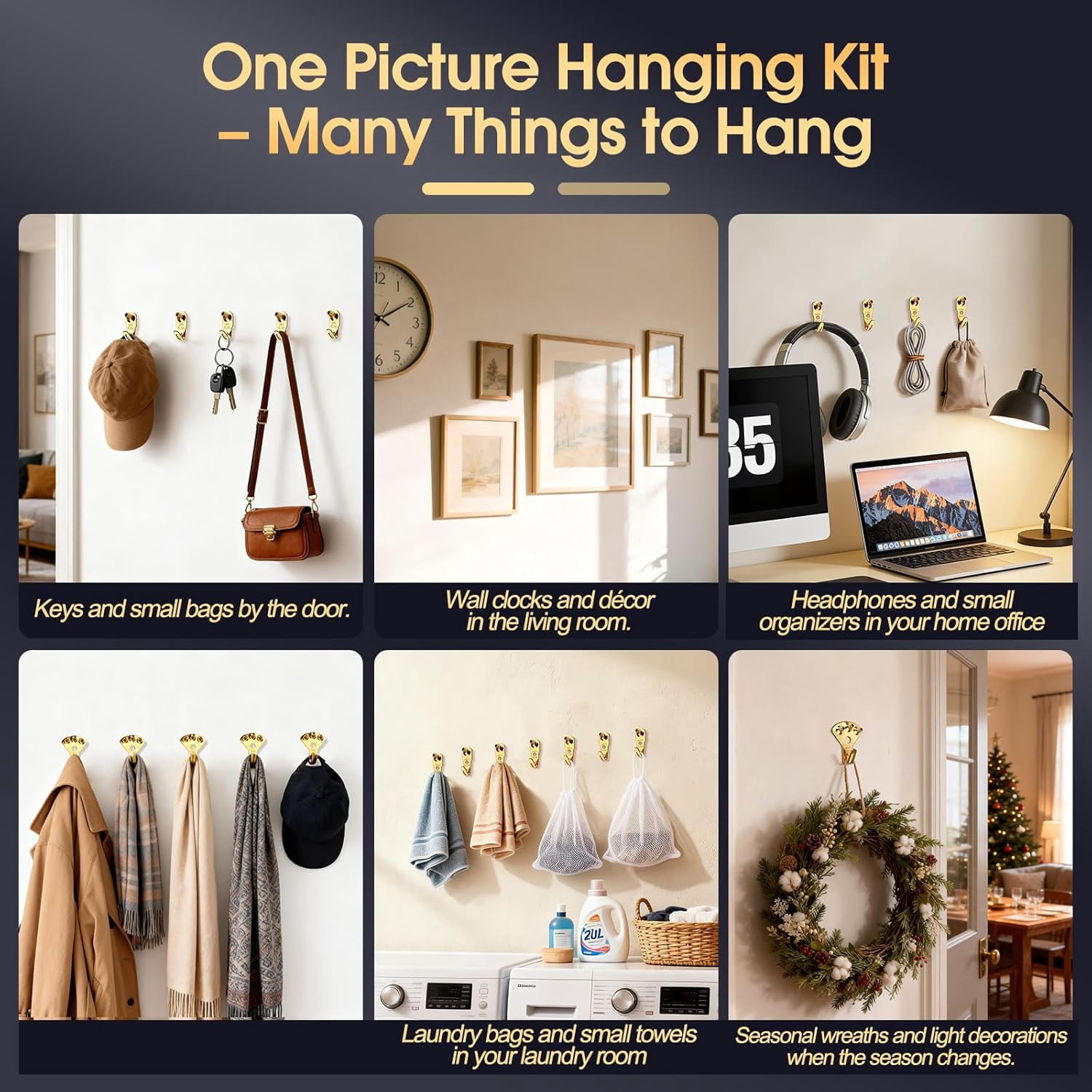 Heavy Duty Picture Hangers Kit, Wall Hanging Hooks with Nails for Drywall & Wood, for Pictures, Clocks, Mirrors, and Home Decor