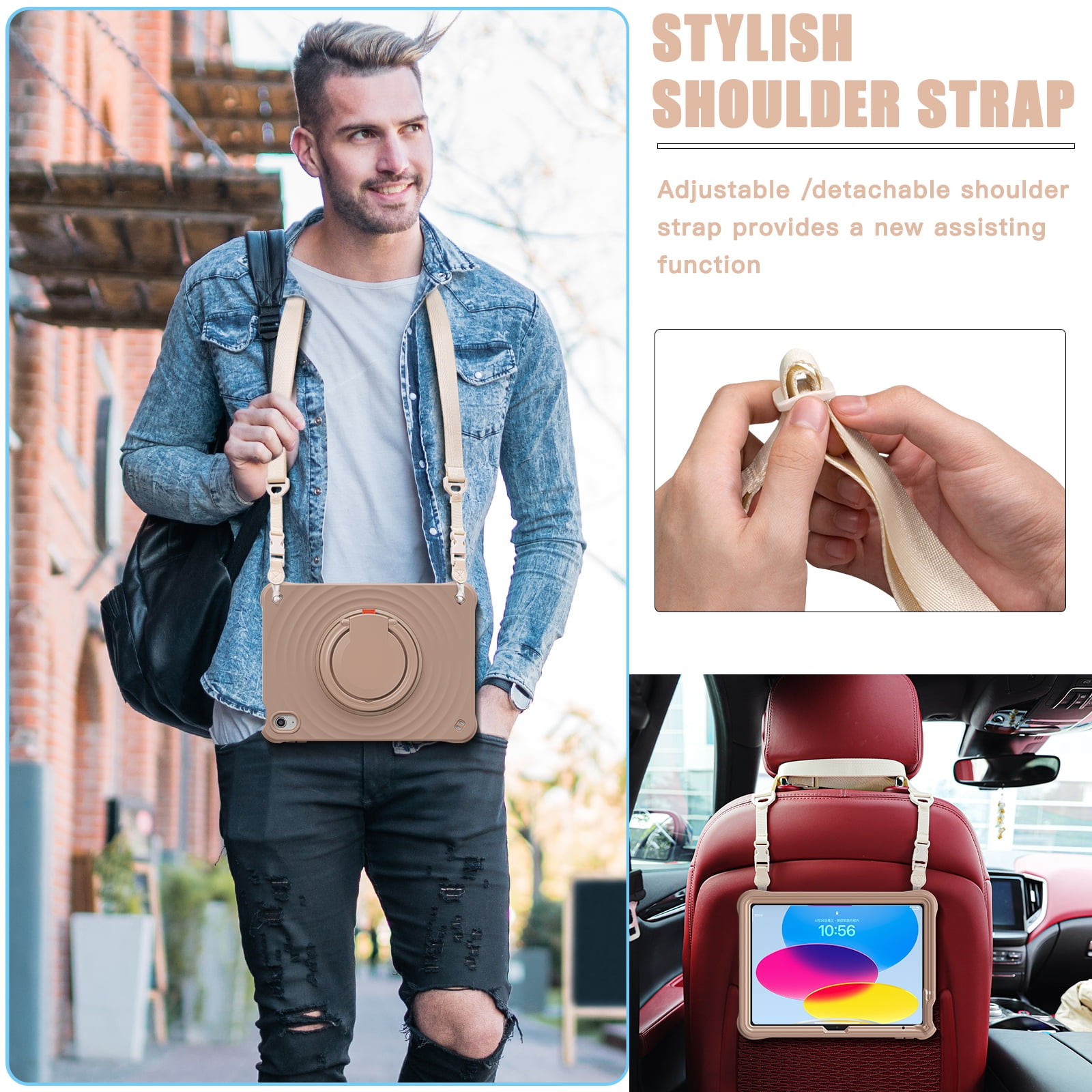 ELEHOLD Case for Apple iPad 10th Gen, Portable Hybrid Shockproof iPad Case with Pencil Holder & Hanging Ring Handle Rotatable Kickstand,Latte