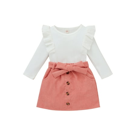 

JYYYBF 1-3Years Toddler Baby Girl Skirt Outfit Ribbed Ruffle Sleeve Sweater Button Corduroy Pencil Skirt 2Pcs Sets Pink 18-24 Months