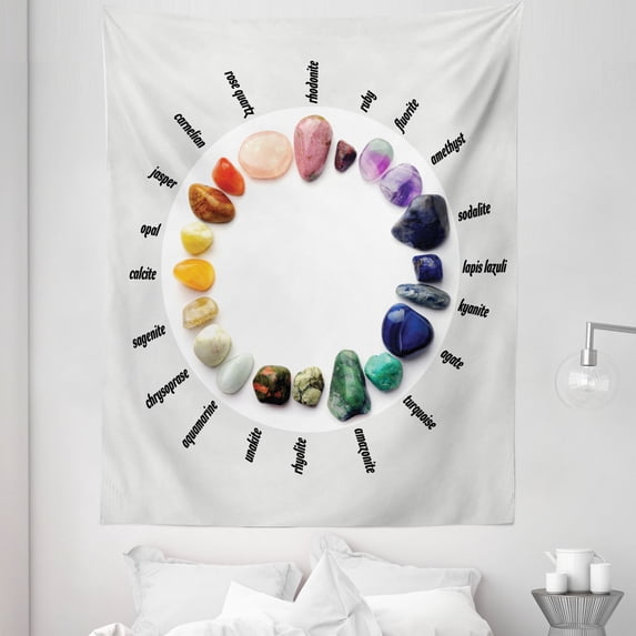 Stones Tapestry, Natural Precious Rocks and Written Names Round Order with Color Change Scale Photo, Fabric Wall Hanging Decor for Bedroom Living Room Dorm, 5 Sizes, Multicolor, by Ambesonne