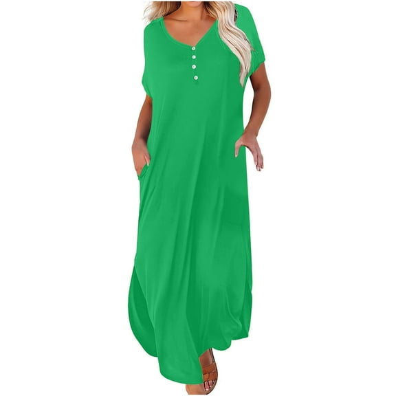 Clearance under $5 JINMGG Summer Dresses 2025, Dresses for Women 2025 Women's Summer Casual Short Sleeve V Neck Dress Casual Maxi Beach Dress with Pockets Green XXL