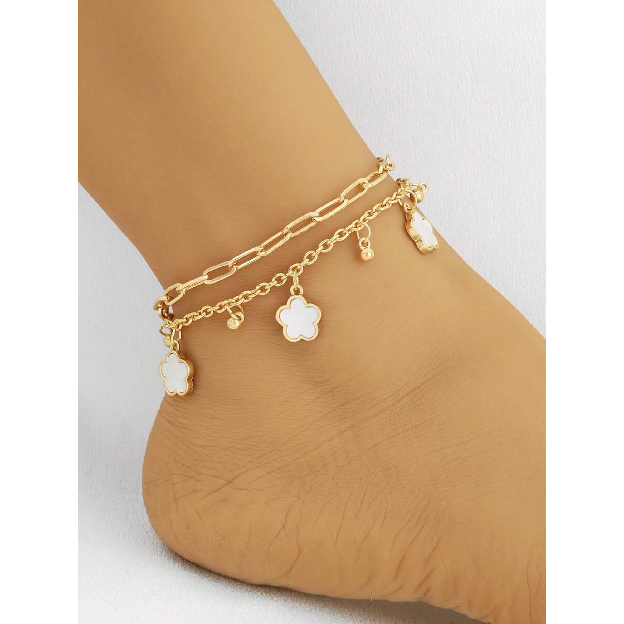 Goldtone Multi-Layer Flower Charm Anklet With White Enamel Details